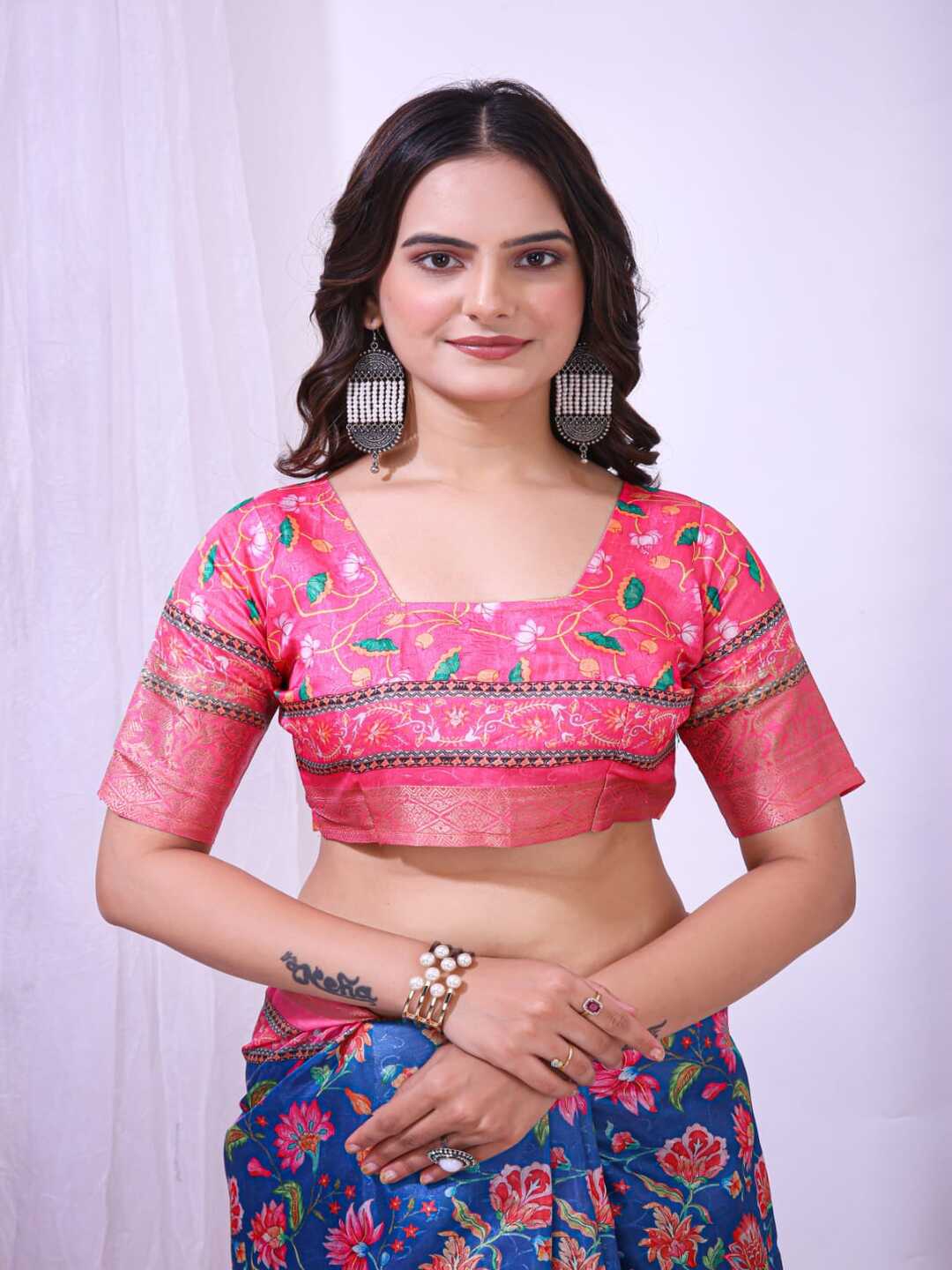 Elegant Mint Green Floral Silk Saree with Peach Border