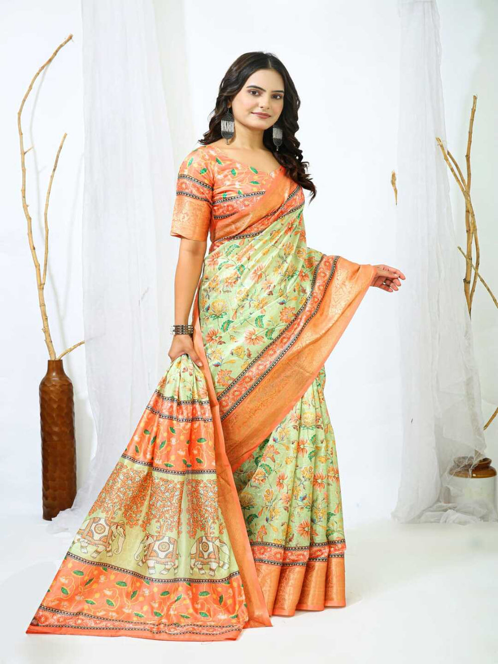 Elegant Mint Green Floral Silk Saree with Peach Border
