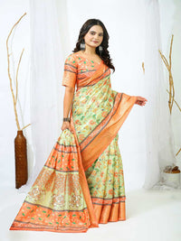 Elegant Mint Green Floral Silk Saree with Peach Border