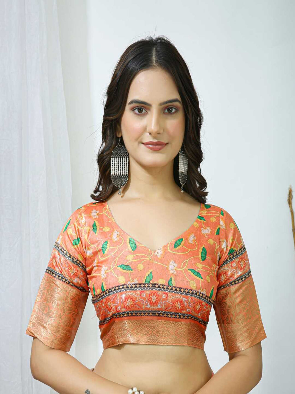 Elegant Mint Green Floral Silk Saree with Peach Border