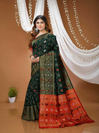 Elegant Bottle Green Banarasi Silk Saree with Contrast Red Zari Border