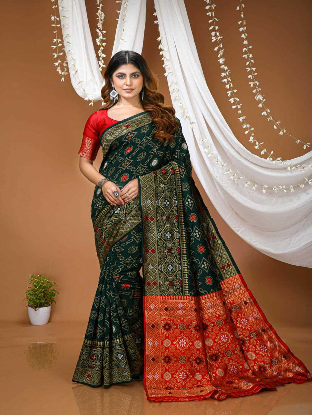 Elegant Bottle Green Banarasi Silk Saree with Contrast Red Zari Border
