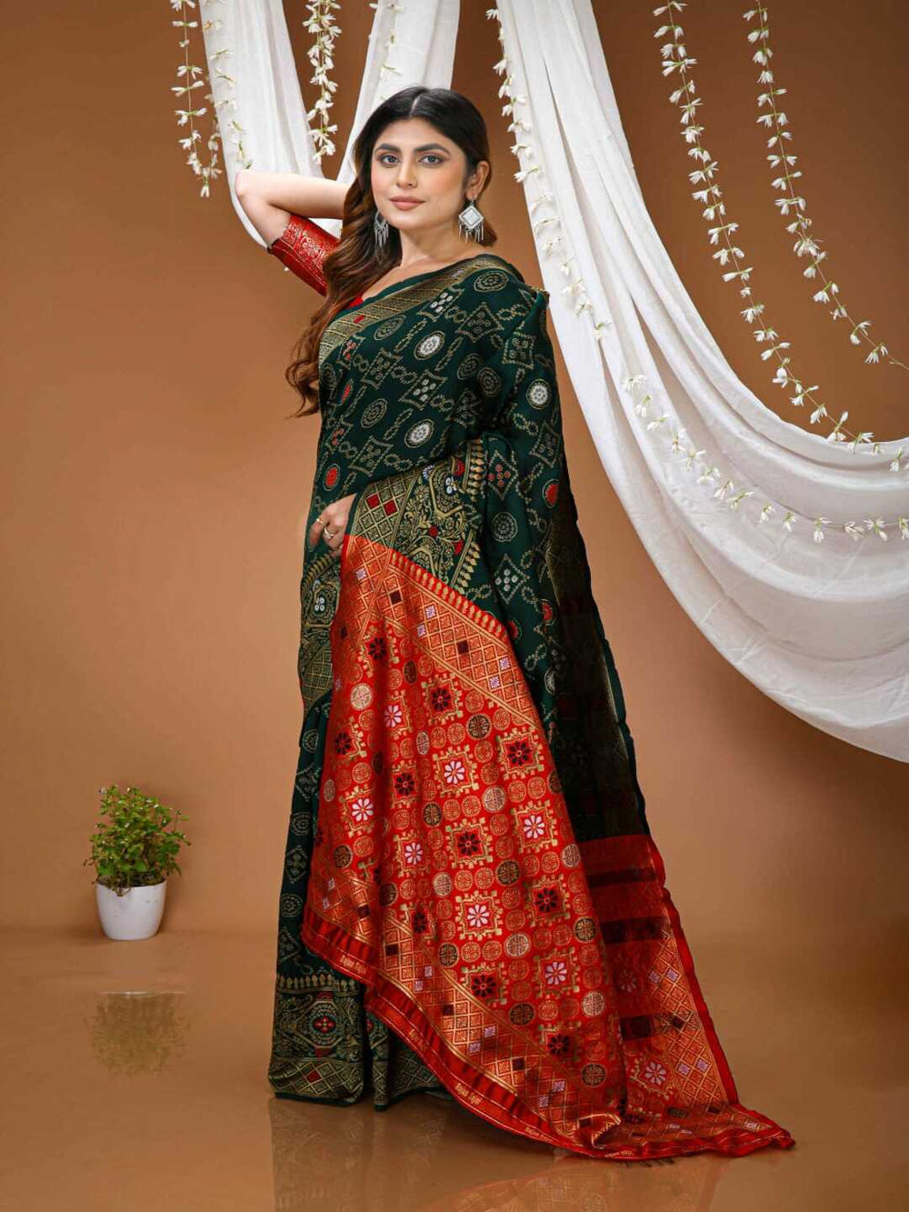 Elegant Bottle Green Banarasi Silk Saree with Contrast Red Zari Border