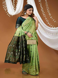 Elegant Bottle Green Banarasi Silk Saree with Contrast Red Zari Border