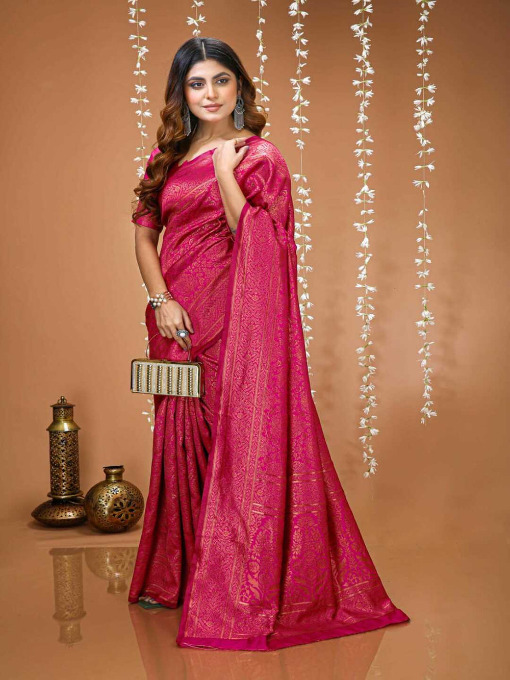 Vibrant Rani Pink Banarasi Silk Saree with Elegant Zari Weaving