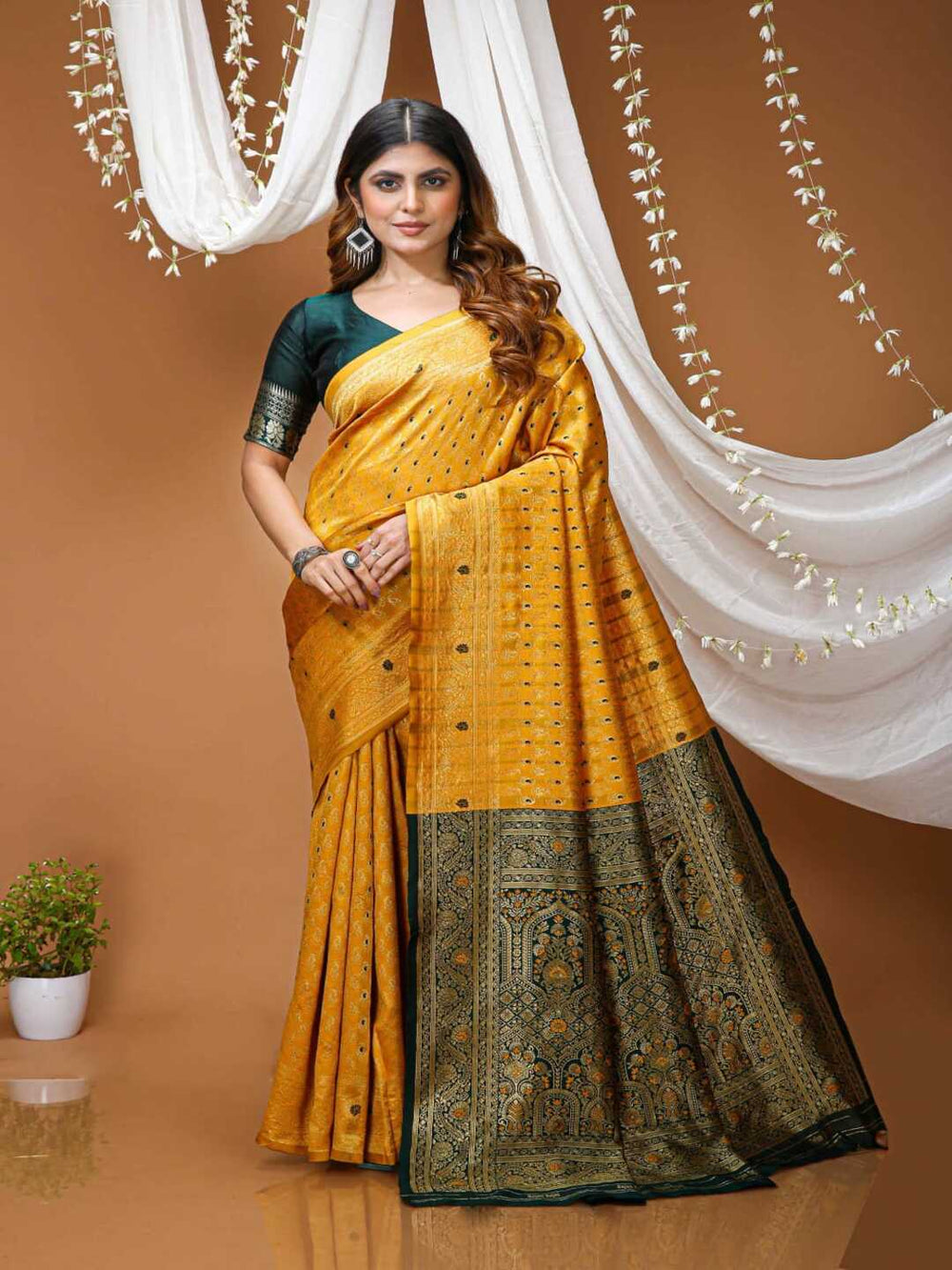 Elegant Mustard Yellow Banarasi Silk Saree with Rich Zari Border