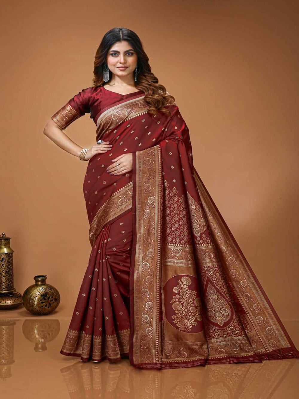 Royal Maroon Banarasi Silk Saree with Rich Golden Zari Border