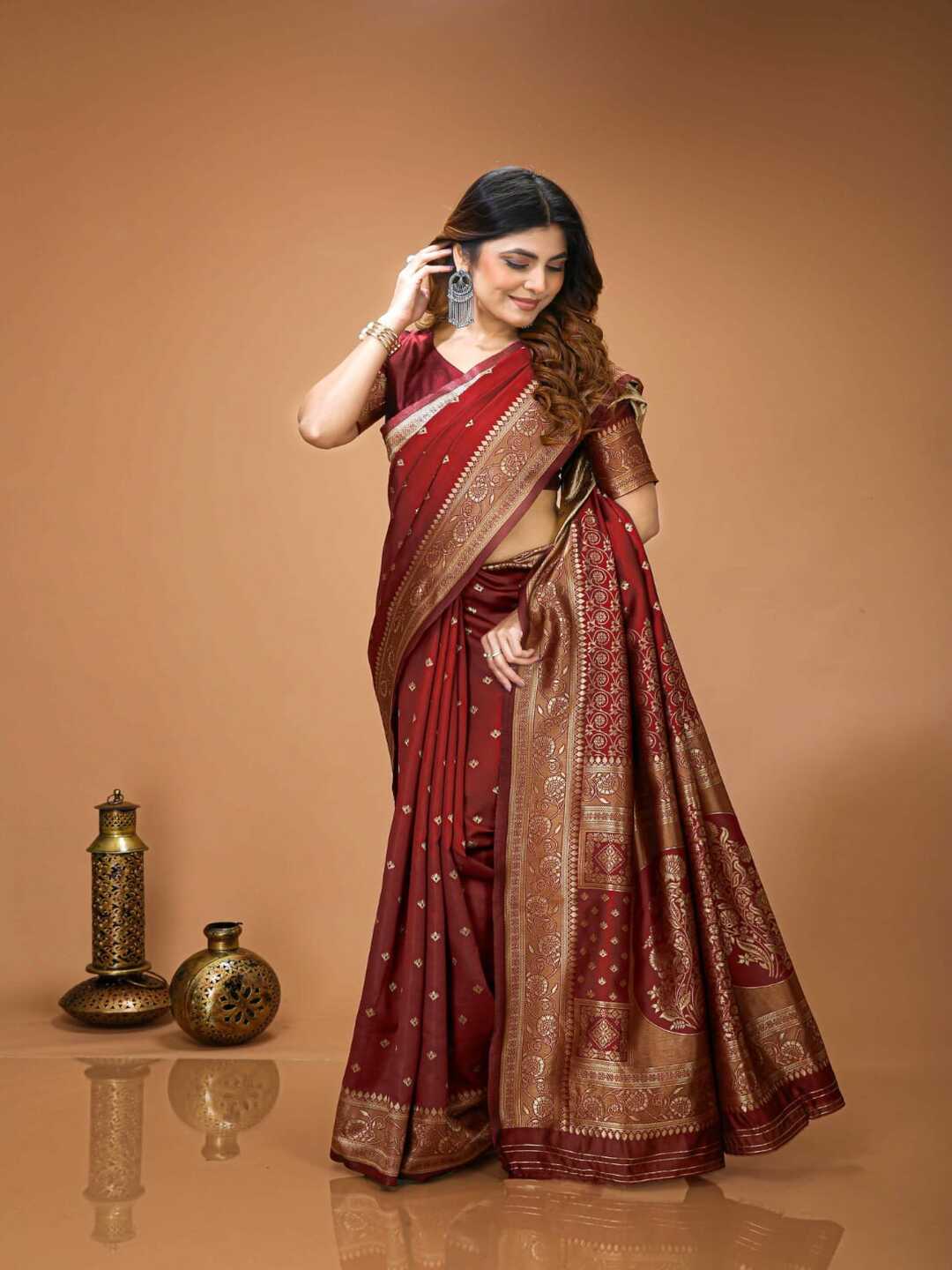 Royal Maroon Banarasi Silk Saree with Rich Golden Zari Border