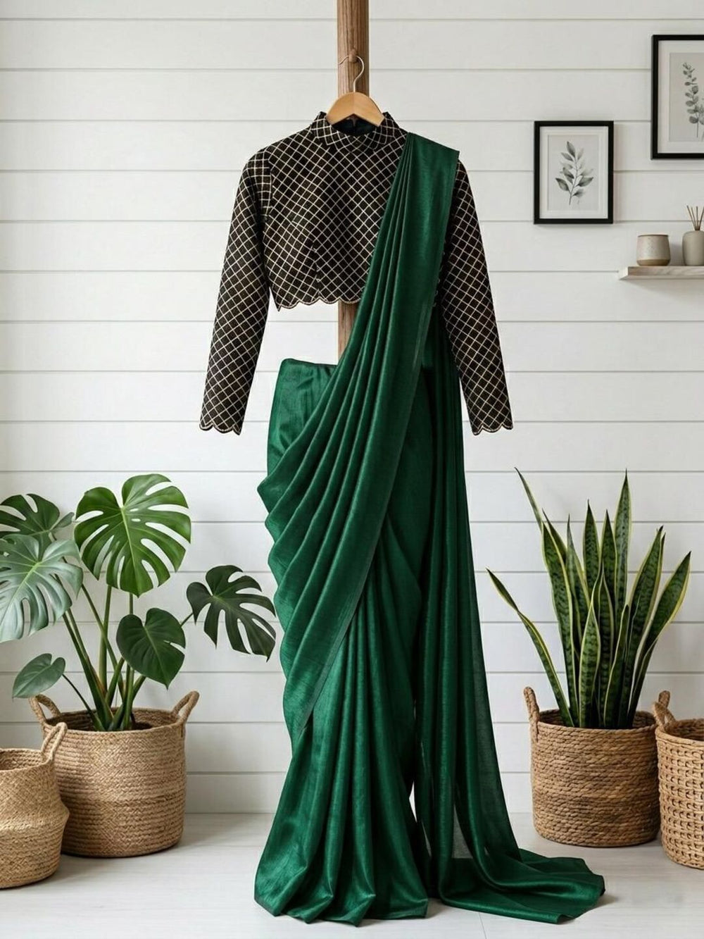 Elegant Bottle Green Satin Saree with Designer Blouse