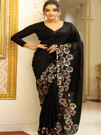 Glamorous Black Sequin Saree with Floral Embellished Border