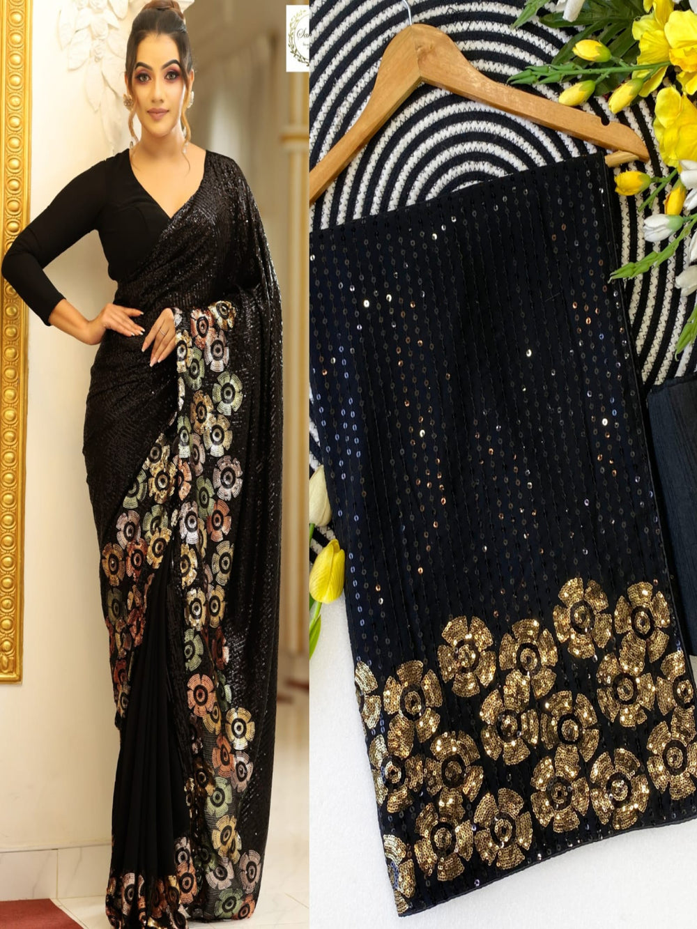 Glamorous Black Sequin Saree with Floral Embellished Border