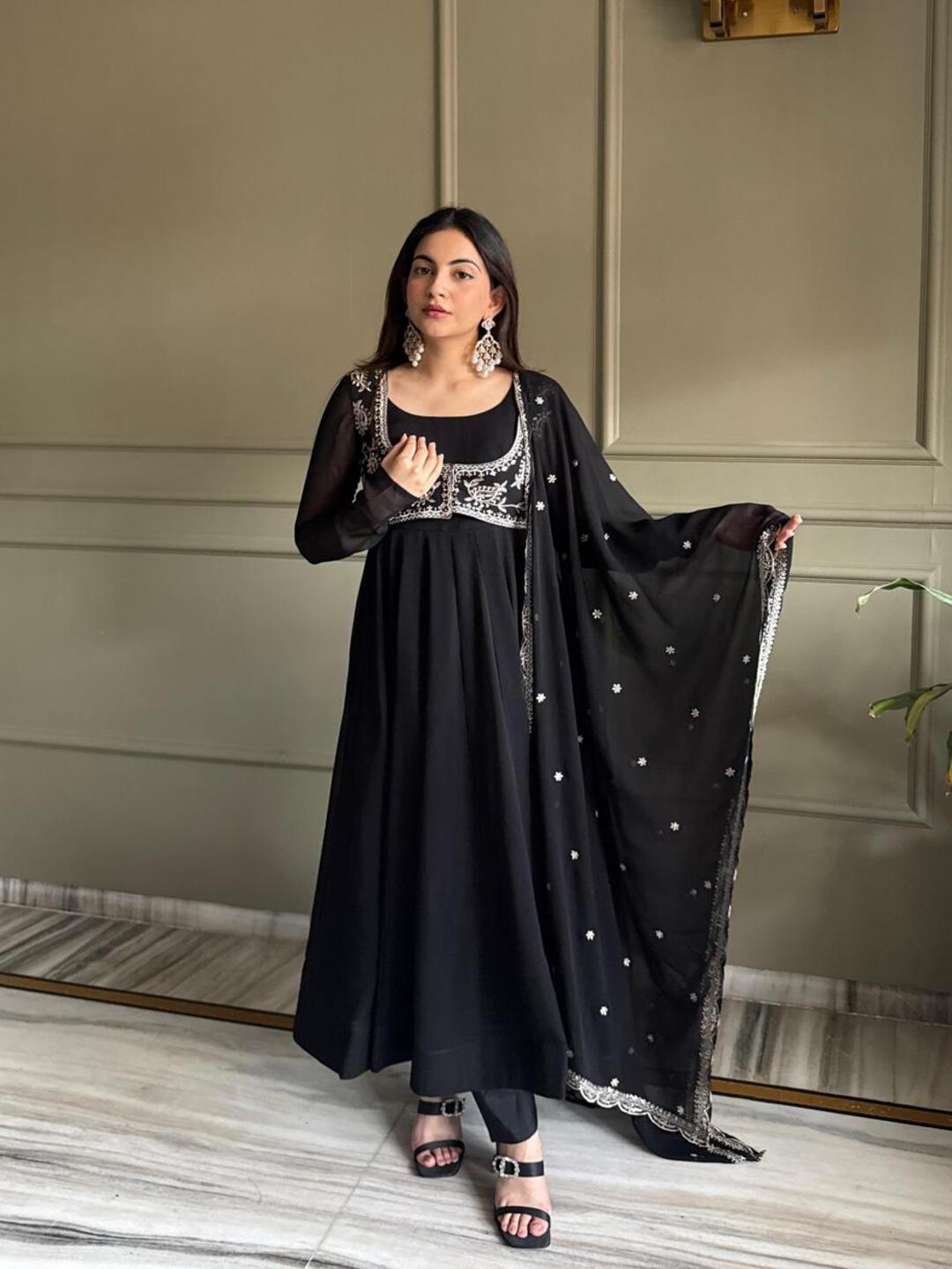 Elegant Black Anarkali Suit Set with Embroidered Dupatta