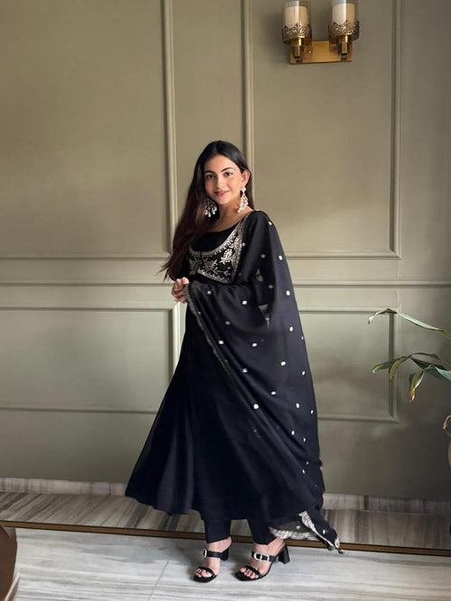 Elegant Black Anarkali Suit Set with Embroidered Dupatta