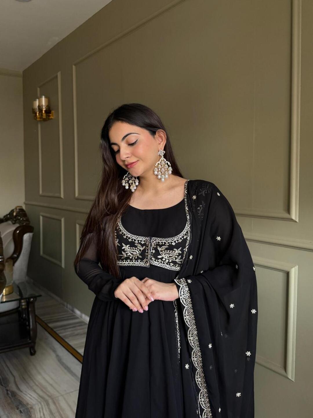 Elegant Black Anarkali Suit Set with Embroidered Dupatta