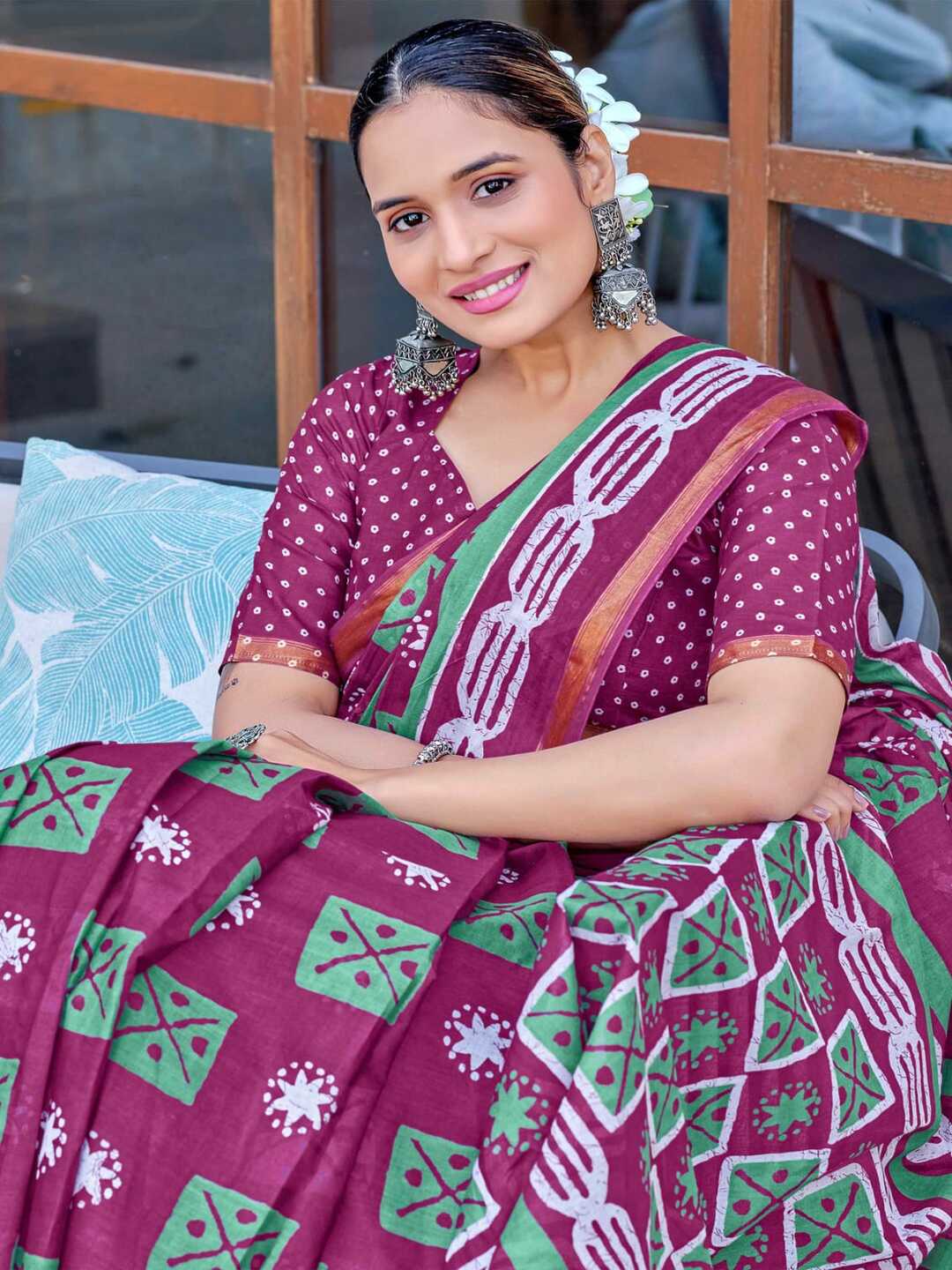 Elegant Indigo Blue Printed Pure Cotton Saree with Contrast Border