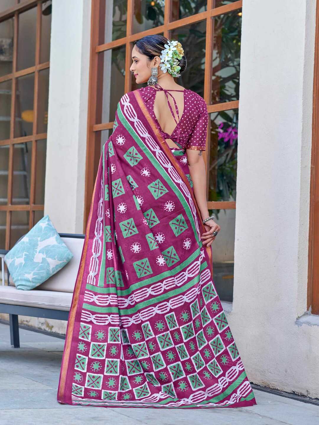Elegant Indigo Blue Printed Pure Cotton Saree with Contrast Border