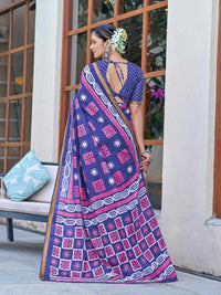 Elegant Indigo Blue Printed Saree with Contrast Border