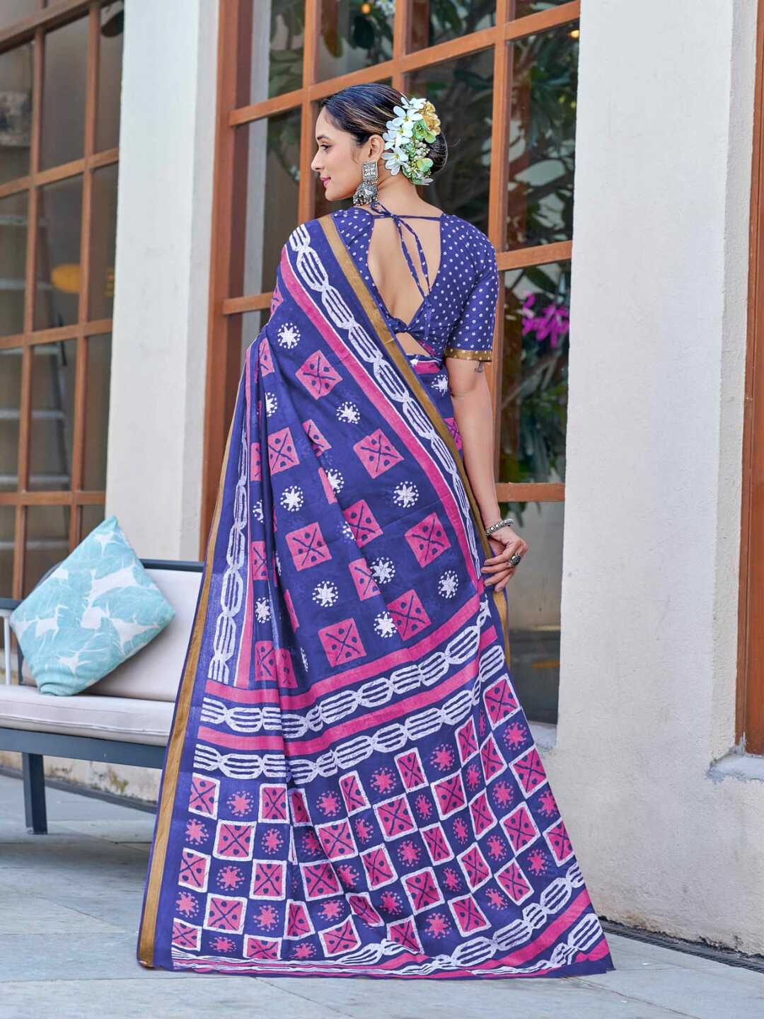 Elegant Indigo Blue Printed Pure Cotton Saree with Contrast Border