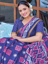 Elegant Indigo Blue Printed Saree with Contrast Border