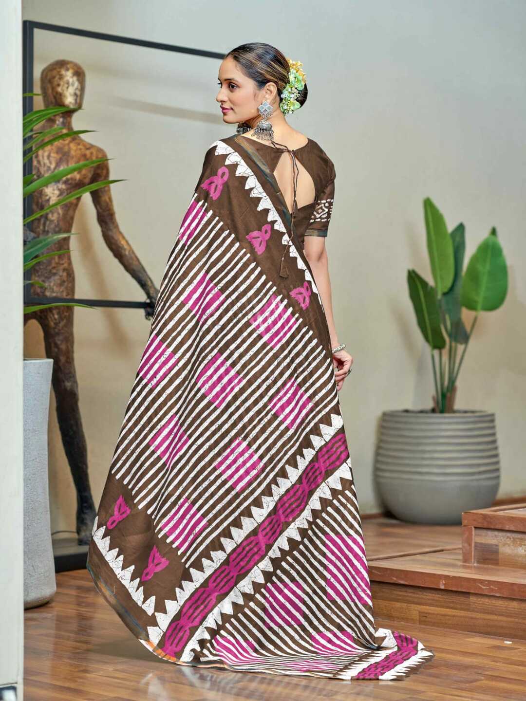 Trendy Brown Printed Pure Cotton Saree with Bold Geometric Design
