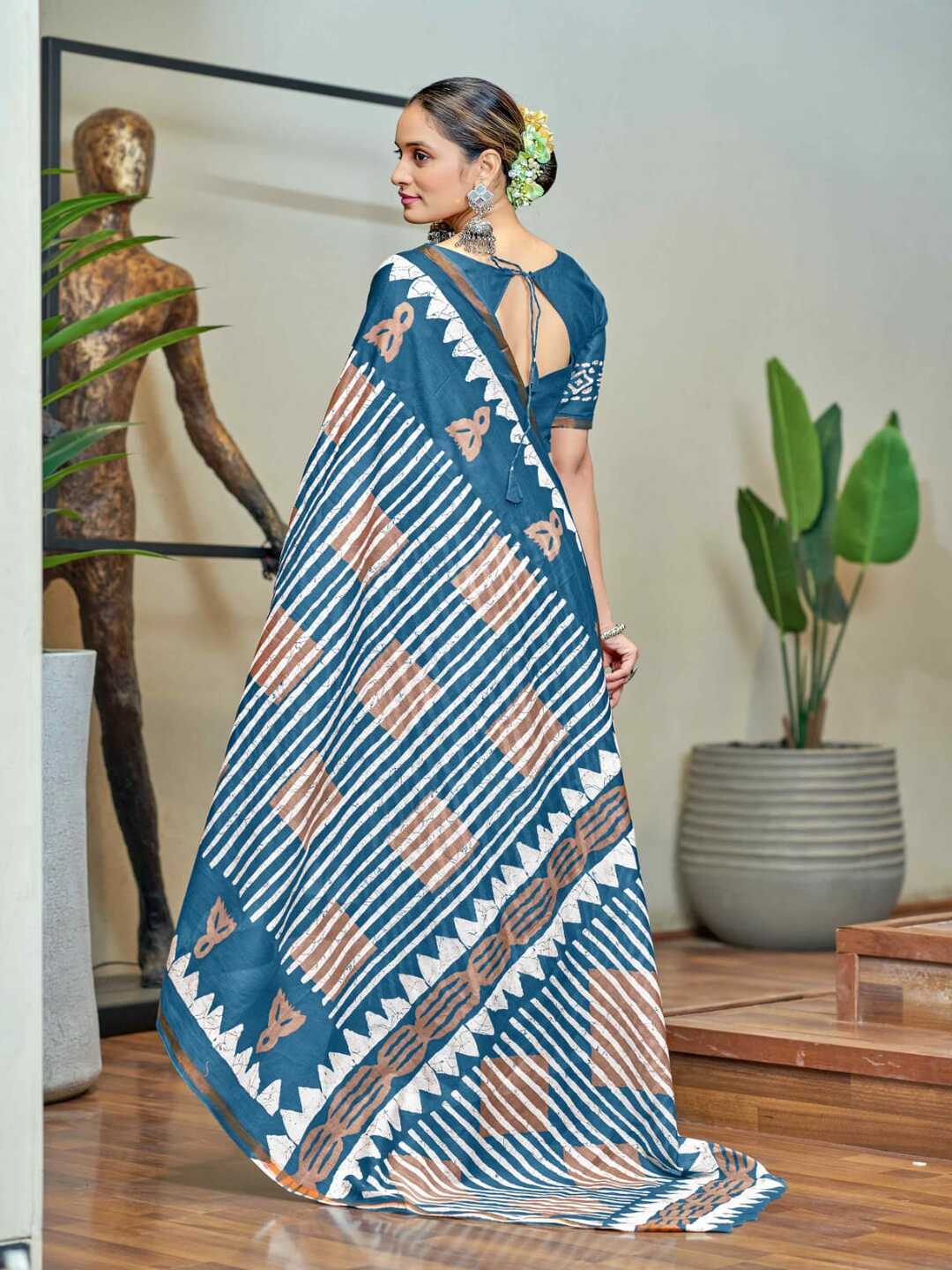 Trendy Brown Printed Saree with Bold Geometric Design