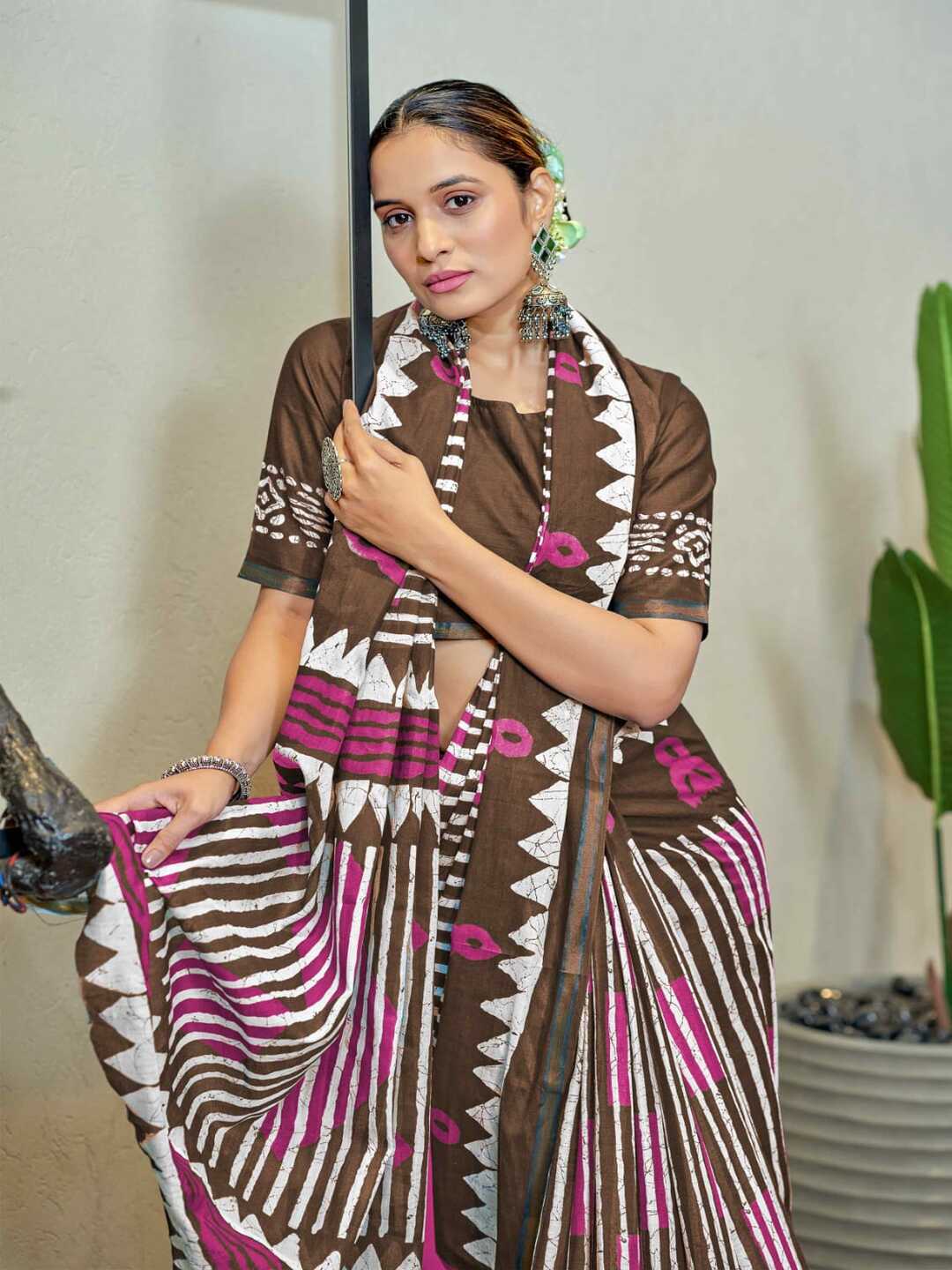 Trendy Brown Printed Pure Cotton Saree with Bold Geometric Design