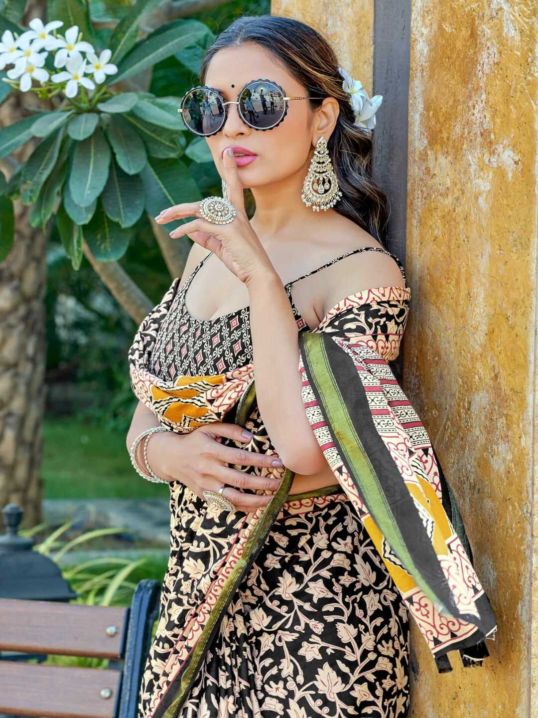 Classic Black Printed Pure Cotton Saree with Intricate Ethnic Border