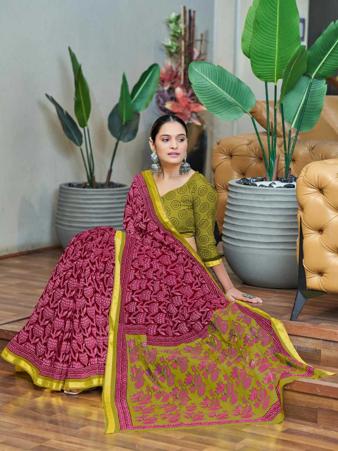 Elegant Pink & Olive Green Printed Saree with Contrast Border