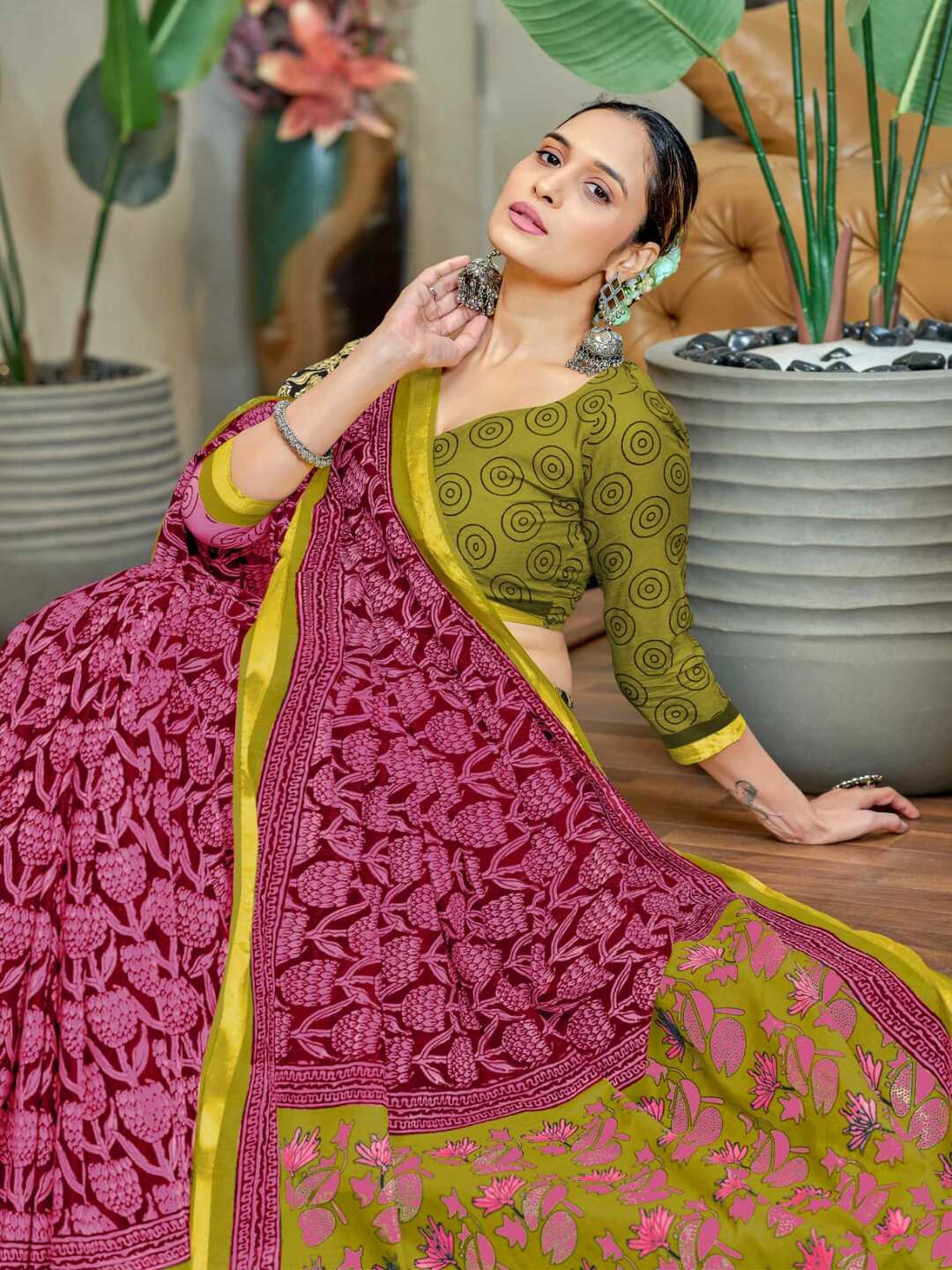 Elegant Pink & Olive Green Printed Pure Cotton Saree with Contrast Border