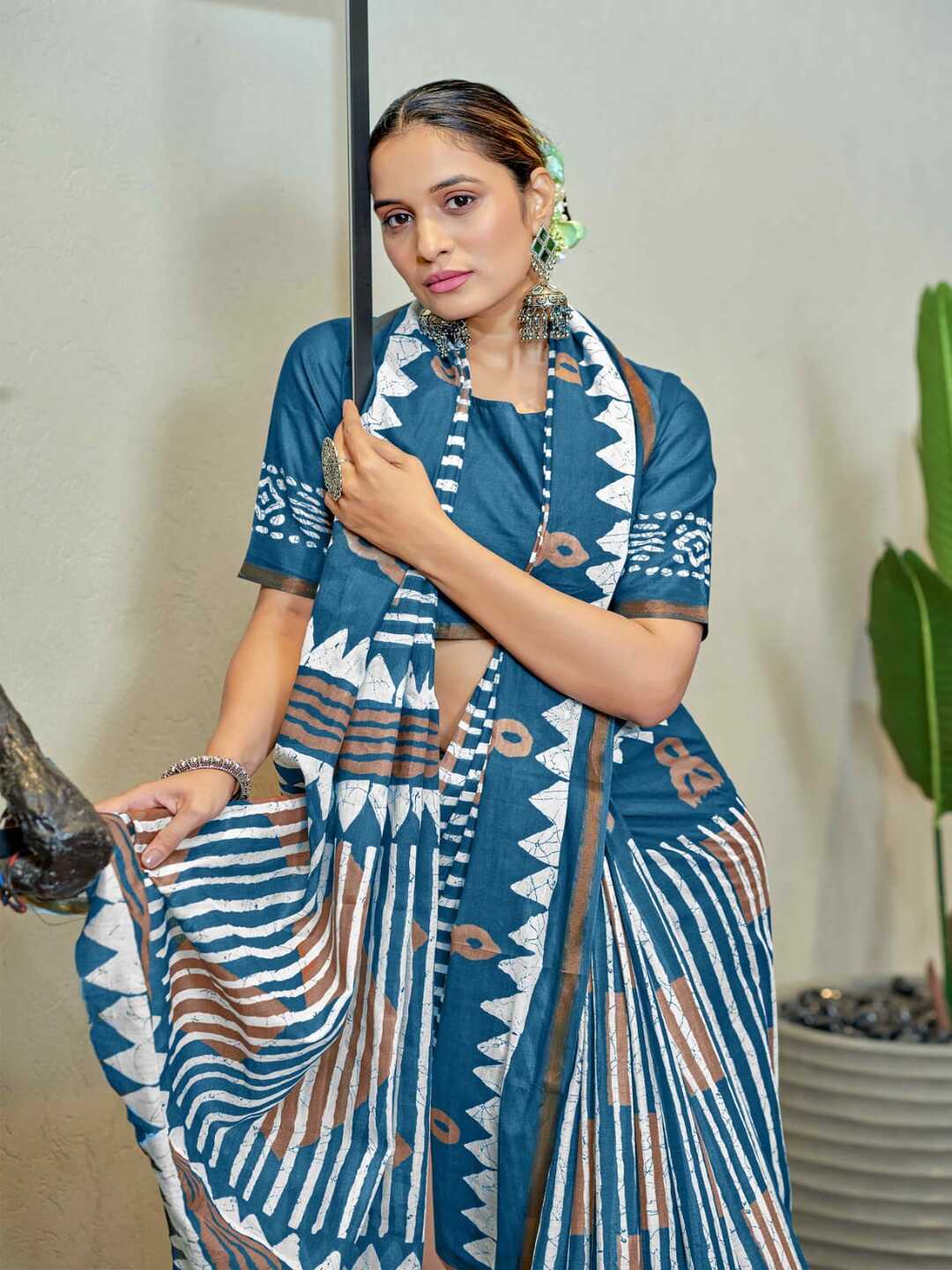 Trendy Brown Printed Pure Cotton Saree with Bold Geometric Design