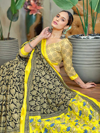 Elegant Pink & Olive Green Printed Saree with Contrast Border