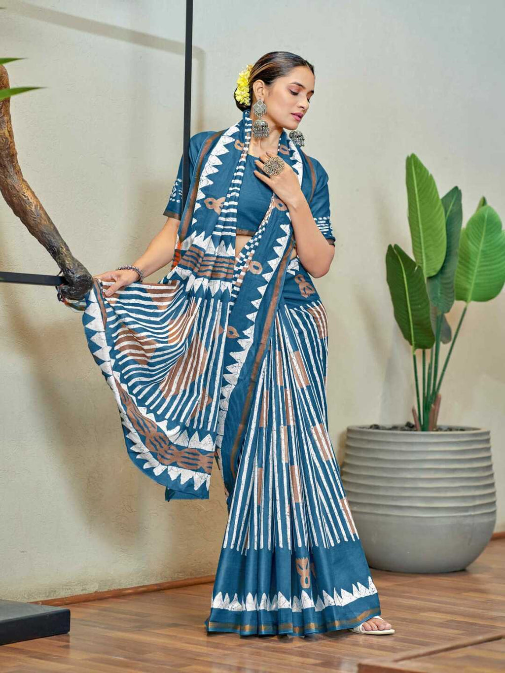 Trendy Brown Printed Pure Cotton Saree with Bold Geometric Design