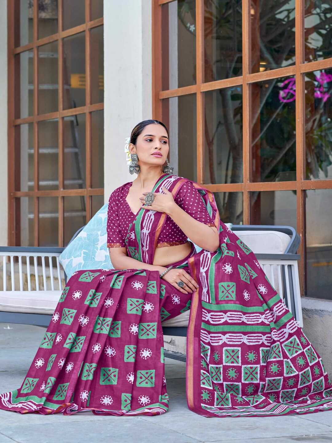 Elegant Indigo Blue Printed Pure Cotton Saree with Contrast Border