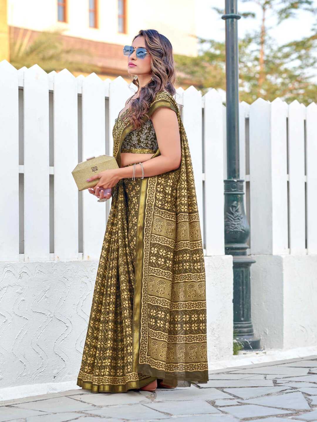 Elegant Olive Green Printed Pure Cotton Saree with Traditional Border