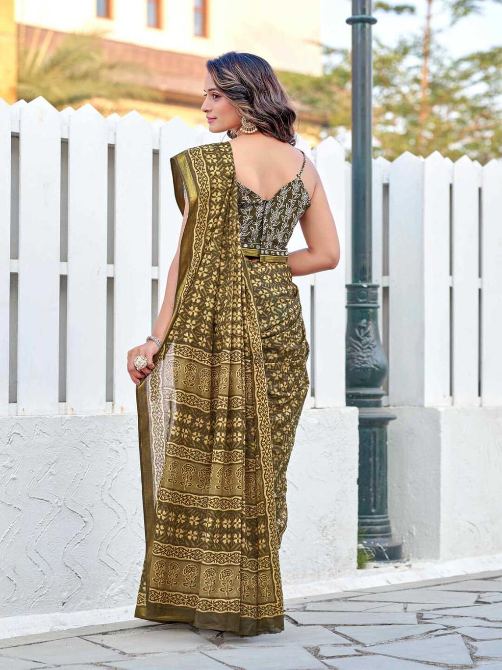 Elegant Olive Green Printed Pure Cotton Saree with Traditional Border