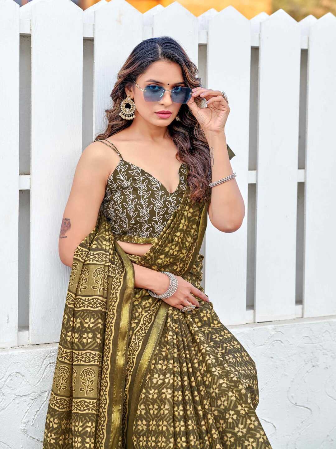 Elegant Olive Green Printed Saree with Traditional Border
