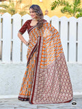 Stylish Orange & Maroon Printed Saree with Contrast Border
