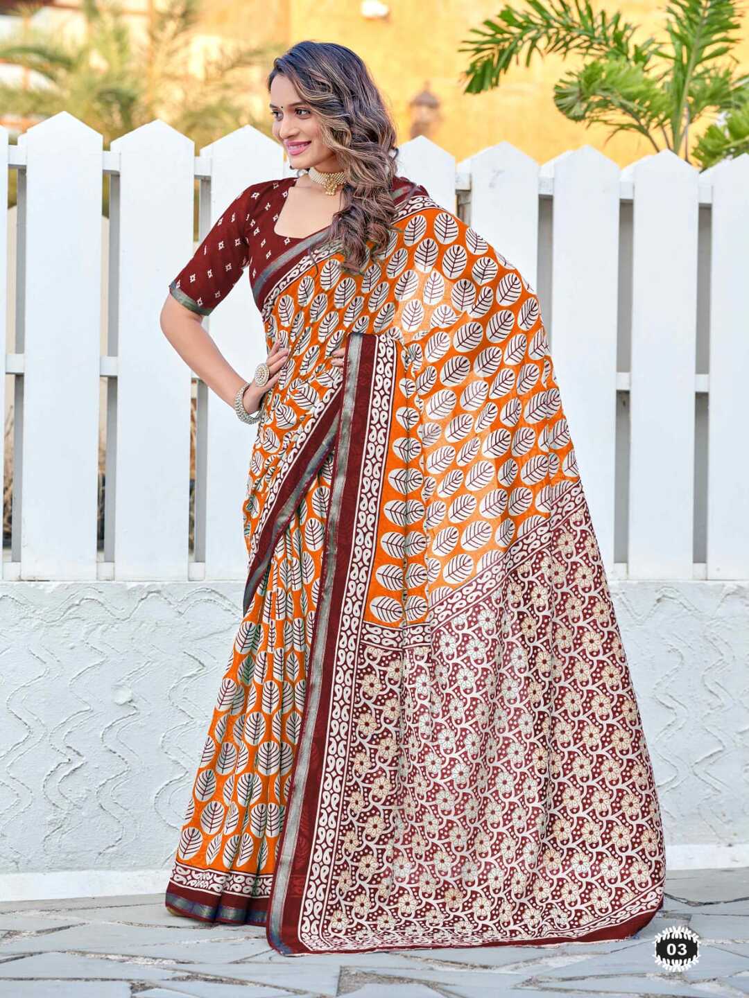 Stylish Orange & Maroon Printed Pure Cotton Saree with Contrast Border