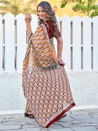 Stylish Orange & Maroon Printed Saree with Contrast Border