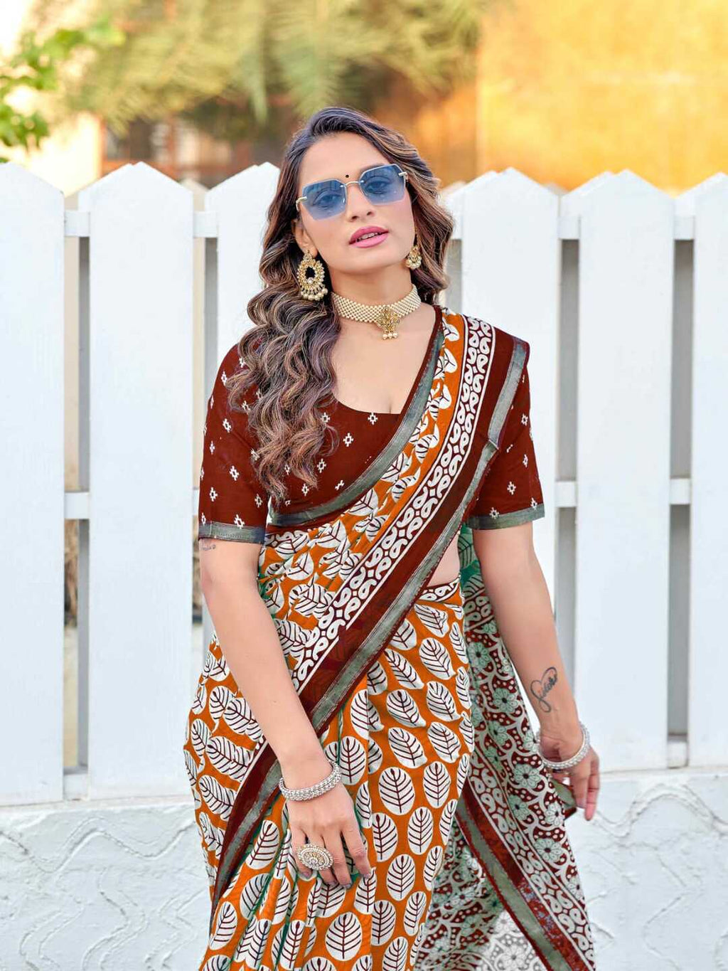 Stylish Orange & Maroon Printed Pure Cotton Saree with Contrast Border