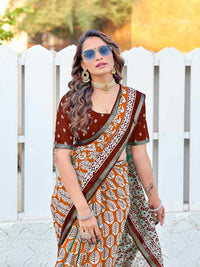 Stylish Orange & Maroon Printed Saree with Contrast Border
