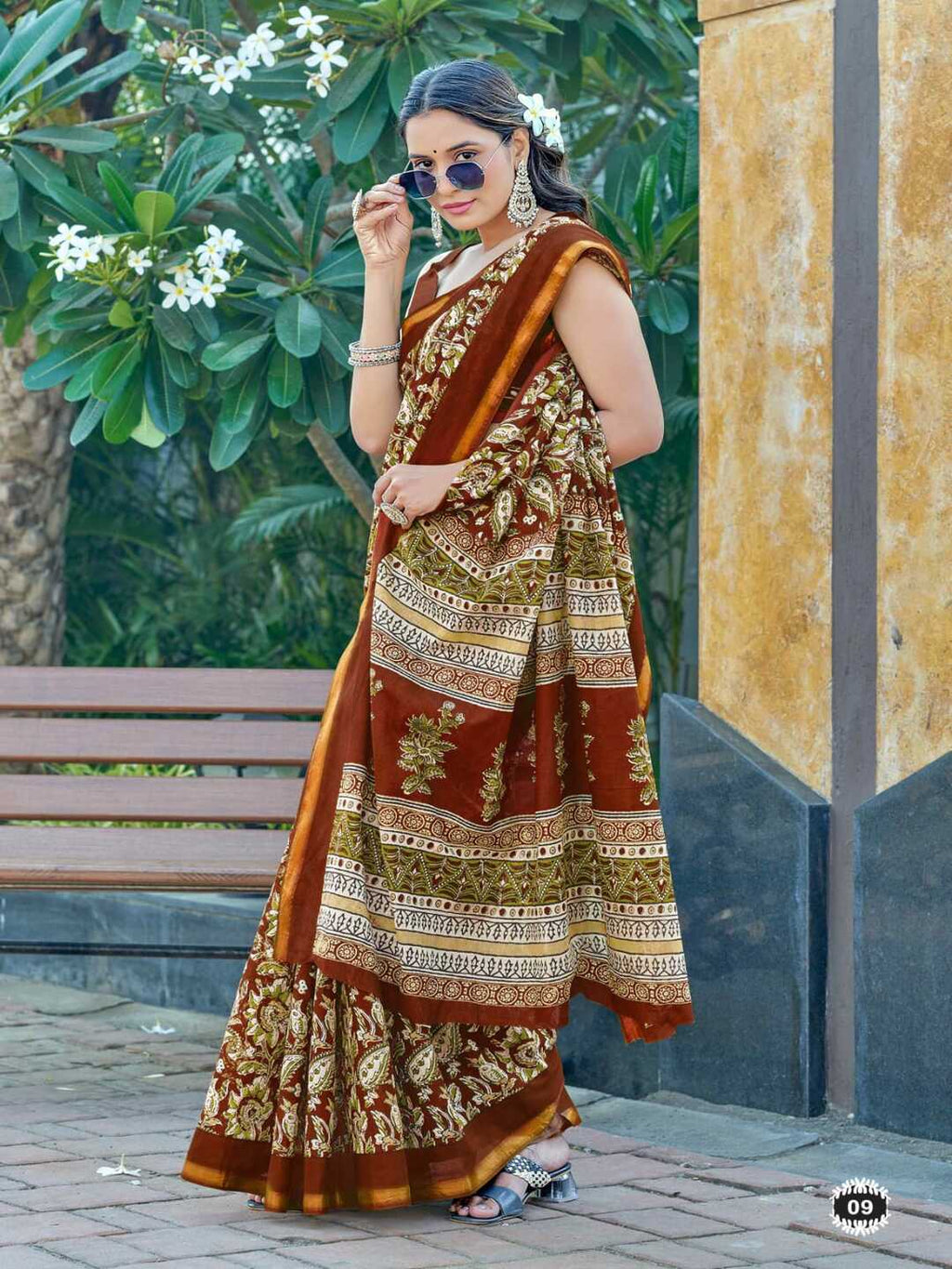 Elegant Rust Brown Printed Pure Cotton Saree with Traditional Border