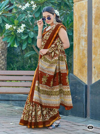 Elegant Rust Brown Printed Saree with Traditional Border