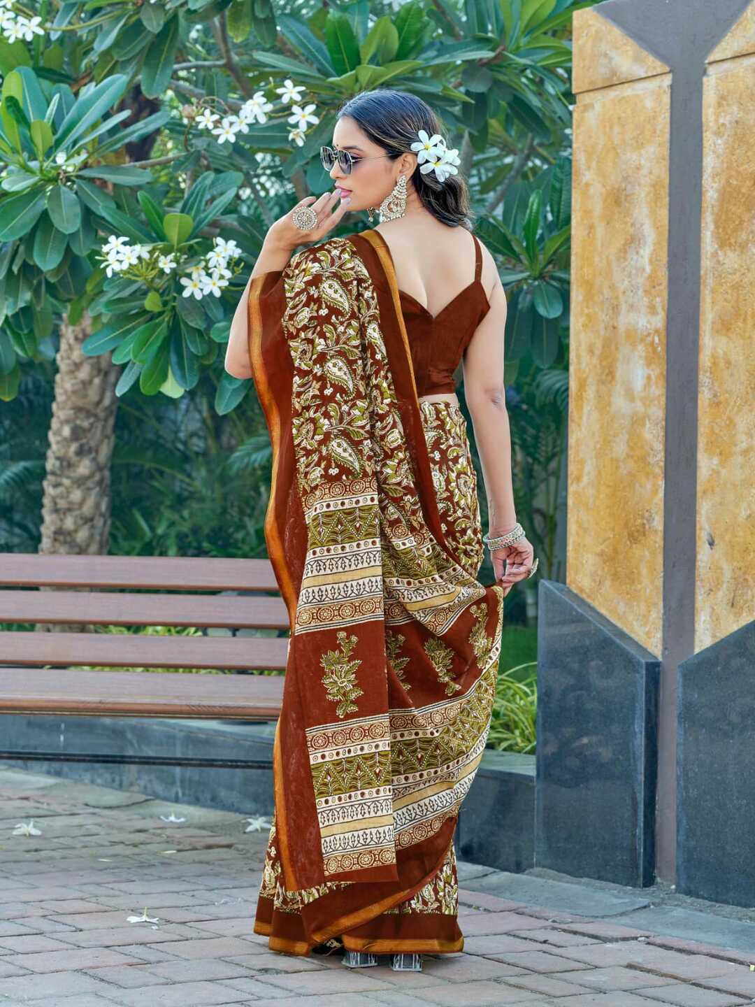 Elegant Rust Brown Printed Pure Cotton Saree with Traditional Border
