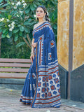 Elegant Navy Blue Printed Saree with Geometric Border