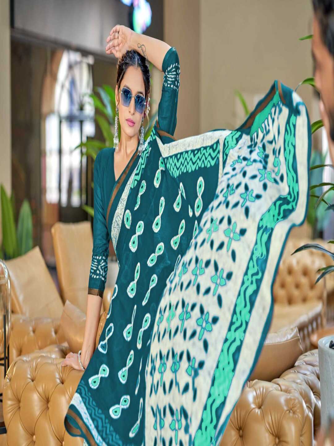 Stylish Rama Printed Pure Cotton Saree with Contemporary Motifs