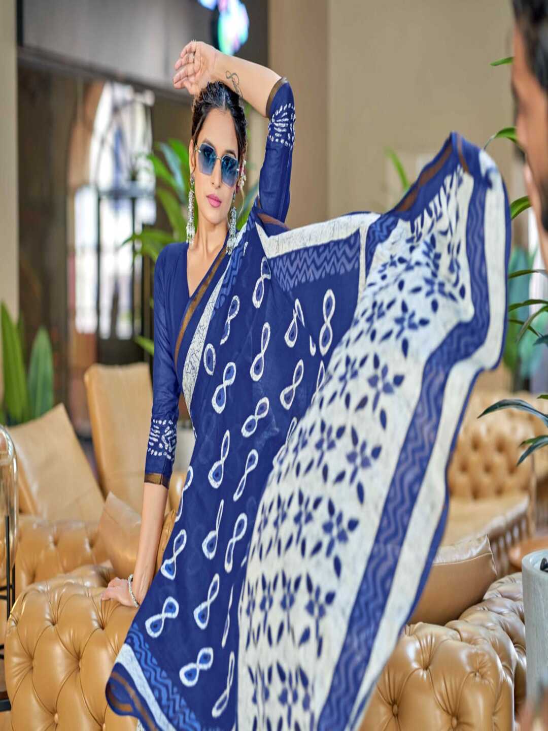 Stylish Rama Printed Pure Cotton Saree with Contemporary Motifs