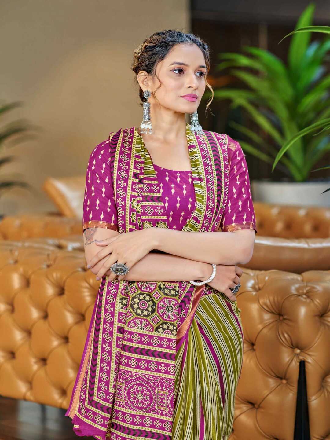 Vibrant Orange Printed Pure Cotton Saree with Traditional Patterns