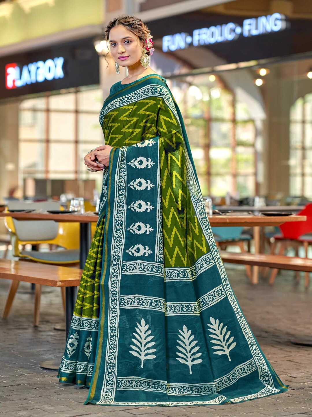 Elegant Bottle Green Printed Pure Cotton Saree with Ethnic Border