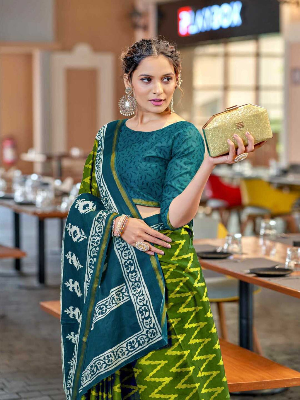 Elegant Bottle Green Printed Pure Cotton Saree with Ethnic Border
